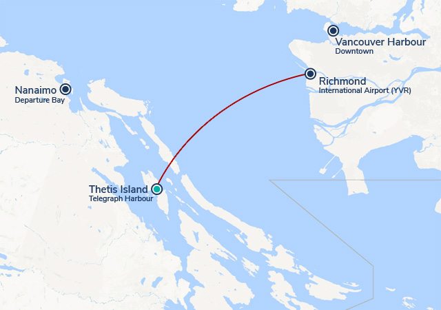 Map of air travel route Richmond -> Thetis Island
